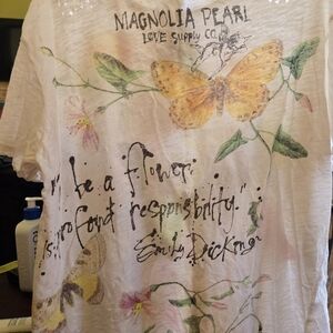Magnolia Pearl Cream T-Shirt with Butterfly and Floral Art